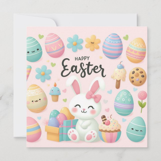 Glad påsk - Bunny Eggs i Pastel Färg Julkort (Framsida)