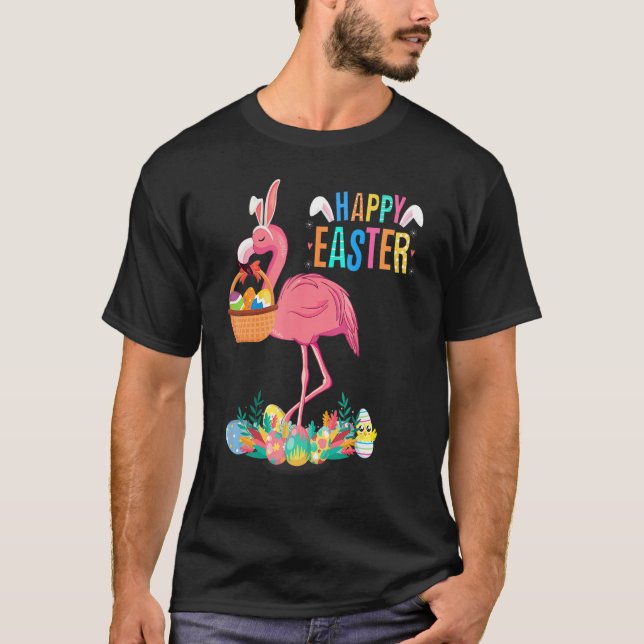 Glad påsk Bunny Flamingo med Påskägget Basket T Shirt (Framsida)