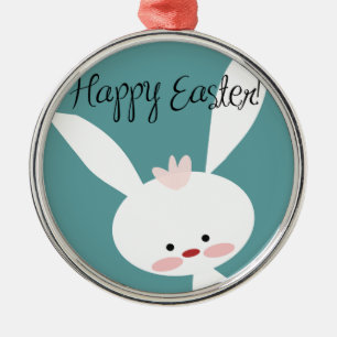 Glad påsk bunny kanin på blå tealbakgrund julgransprydnad metall
