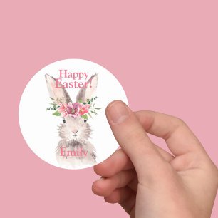 Glad påsk Bunny-kaninblomsterpastellens rosa Runt Klistermärke