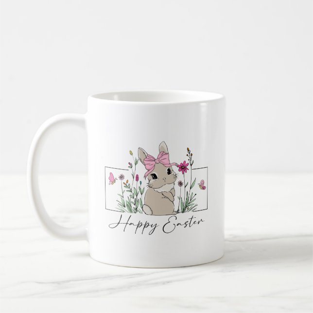 Glad påsk Bunny med Blommigt Design och Rosa Bow Kaffemugg (Vänster)