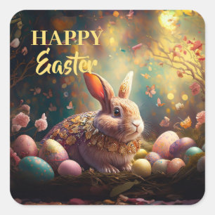 Glad påsk Bunny med Påskägg Fyrkantigt Klistermärke