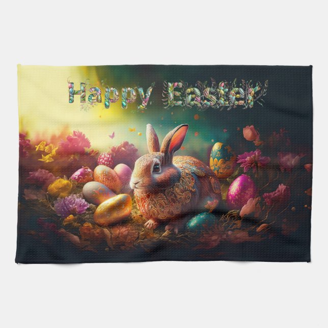 Glad påsk Bunny med Påskägg Kökshandduk (Horisontell)