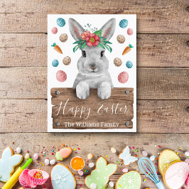 glad påsk bunny med träskylt och ägg vykort