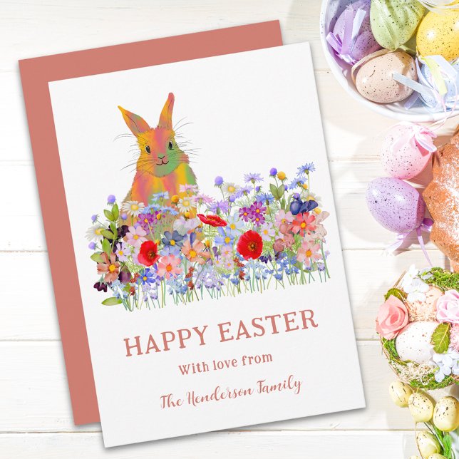 Glad påsk Bunny och Wildblommor Helg Vykort (Personalized happy Easter cute bunny colorful watercolor wildflower floral holiday greeting postcard)