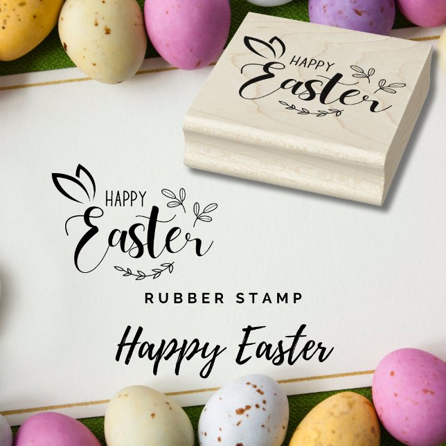Glad påsk Bunny Öron-skript Rubber Frimärke Stämpel (Happy Easter Bunny Ears Script Rubber Stamp)