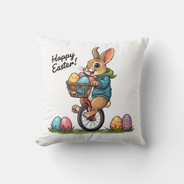 Glad påsk Bunny på en Unicle med basket Eg Kudde (Framsida)