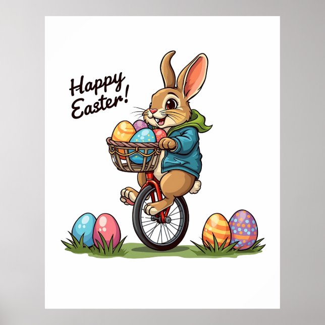Glad påsk Bunny på en Unicle med basket Eg Poster (Framsidan)