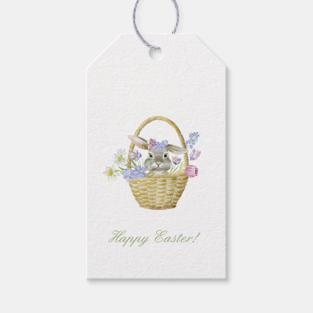 Glad påsk Bunny Rabbit i Basket Vår Presentetikett (Framsidan)