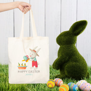 Glad påsk Bunny Rabbit Watering Carrots Namn Tygkasse