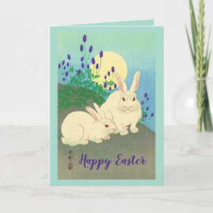 Glad påsk Bunny Rabbits Flowers Måne Blue Tack Kort