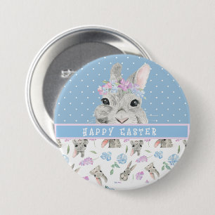 Glad påsk Bunny Rabbits och Blue Polka dots Knapp