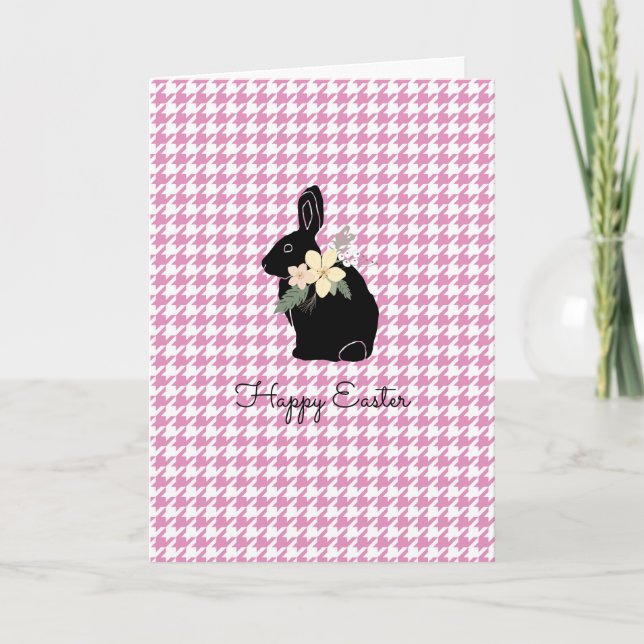 Glad påsk Bunny Silhouette Flowers Houndstooth Kort (Framsida)