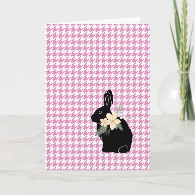 Glad påsk Bunny Silhouette Flowers Houndstooth Kort (Framsida)