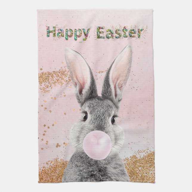 Glad påsk Bunny som blåser Rosa Bubbelgummi Kökshandduk (Vertikal)