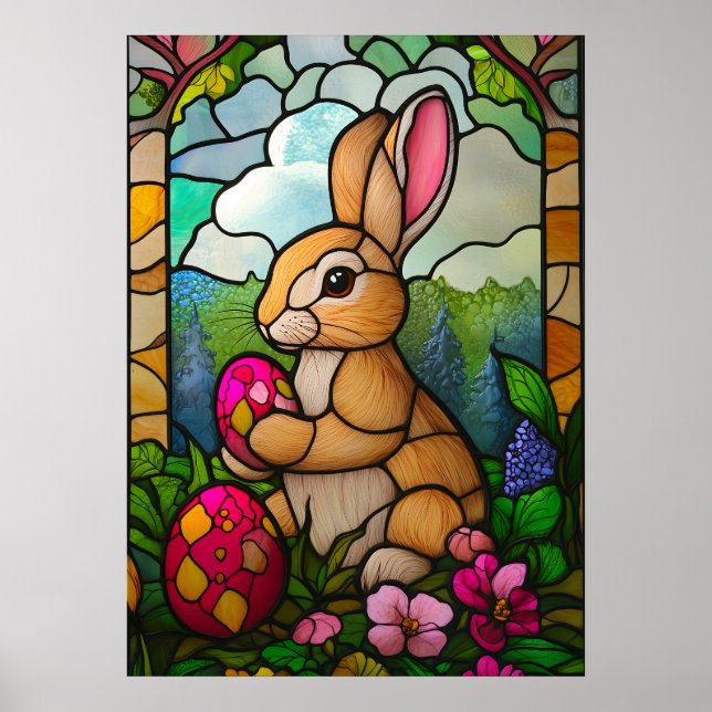 Glad påsk Bunny Stached Glass Religion Poster (Framsidan)