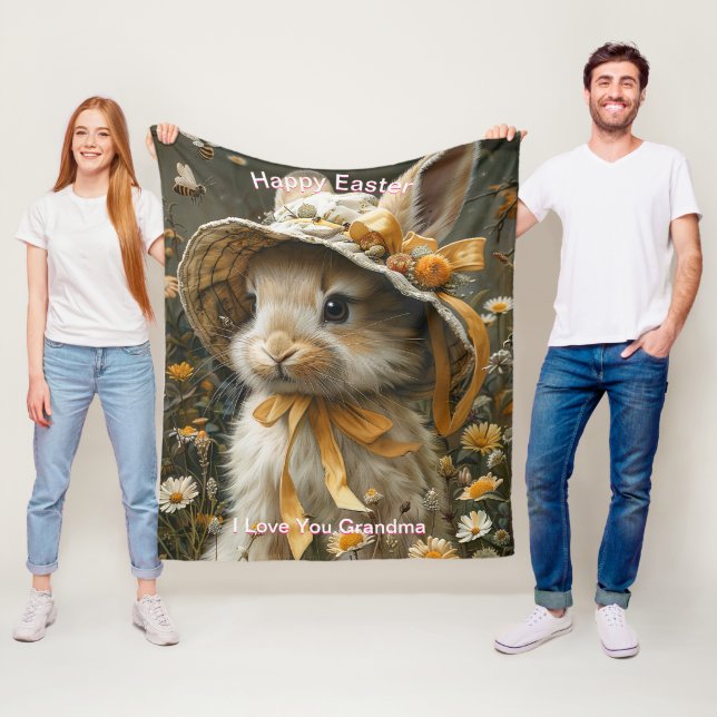 Glad påsk Bunny Straw Hat Orange Ribbon Fleecefilt (På plats)