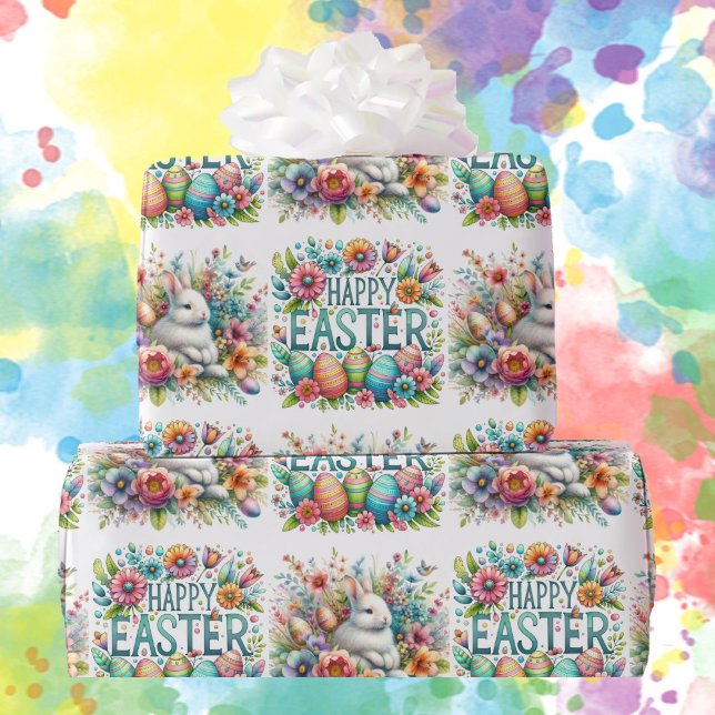 Glad påsk Bunny Vivid Flowers Eggs Girls Boys Presentpapper (Skapare uppladdad)