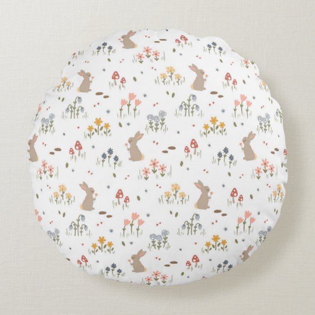 Glad påsk Bunny WildblommCute Kids Bedroom Rund Kudde (Framsidan)