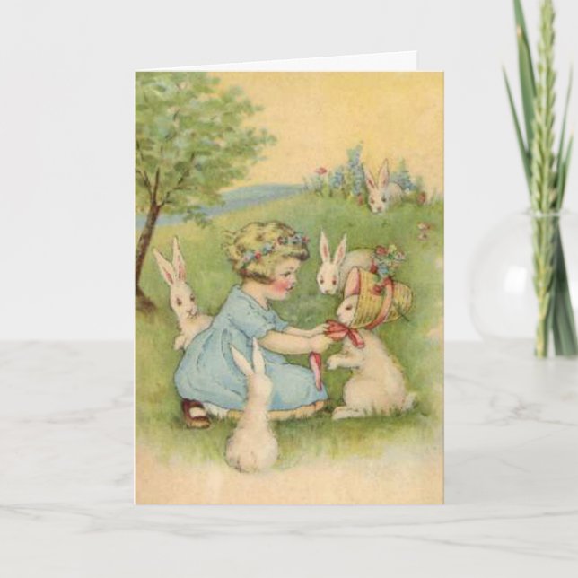 Glad påsk Card, Little Girl with White Bunnies Helgkort (Framsida)