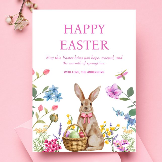 Glad påsk Cards Påskhare Rosa Blommigt Vår Julkort (Happy Easter Postcard - Cheerful design, pastel flowers, bunny, Easter Holiday Card, Watercolor)