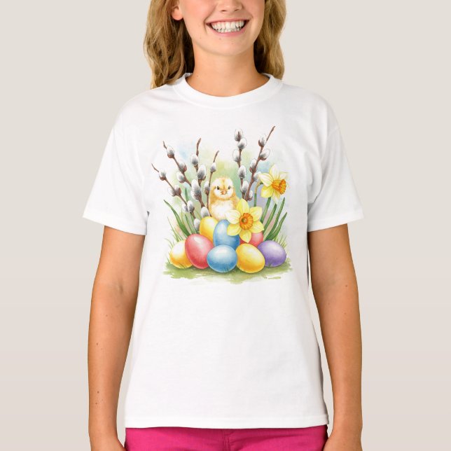 Glad påsk Chick Eggs Flowers T-Shirt (Framsida)