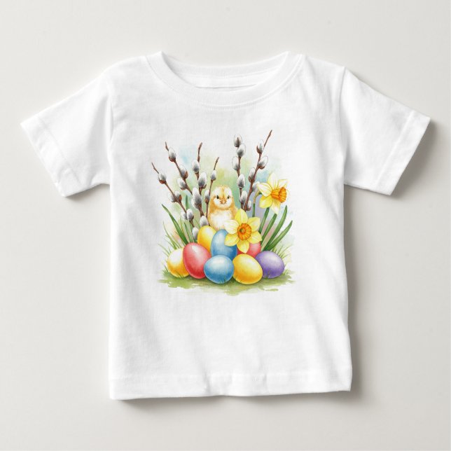 Glad påsk Chick Eggs Flowers T-Shirt (Framsida)
