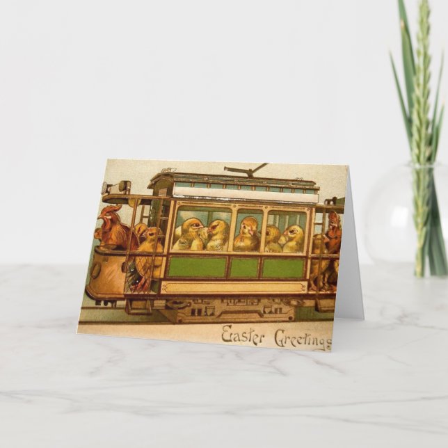 Glad påsk Chickar i en Trolley med Tuppar Helgkort (Framsida)