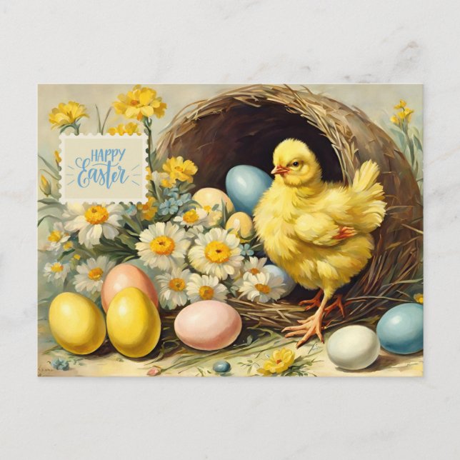 Glad påsk Chicken, Påskägg och blommor Helg Vykort (Framsida)