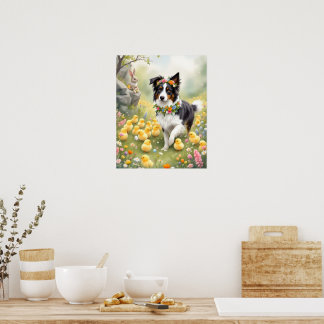 Glad påsk Collie och kycklingar Poster