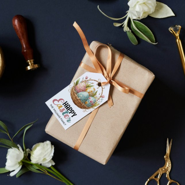 Glad påsk Colorful Watercolor Egg Basket Presentetikett (Skapare uppladdad)