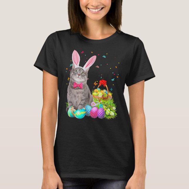 Glad påsk Cute Bunny Cat Eggs Basket Manar Kvinnor T Shirt (Framsida)