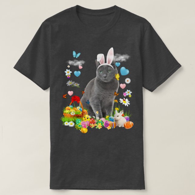 Glad påsk Cute Bunny Cat Russian Blue Eggs Bask T Shirt (Design framsida)