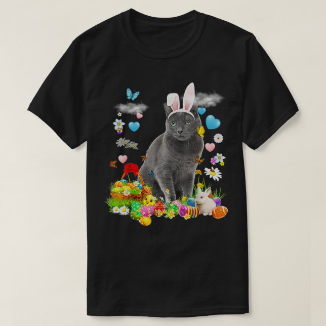 Glad påsk Cute Bunny Cat Russian Blue Eggs Bask T Shirt (Design framsida)