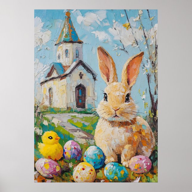 Glad påsk Cute Bunny Chick Painting Church Poster (Framsidan)