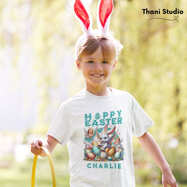 Glad påsk Cute Bunny & Eggs Anpassade Namn T Shirt (Skapare uppladdad)