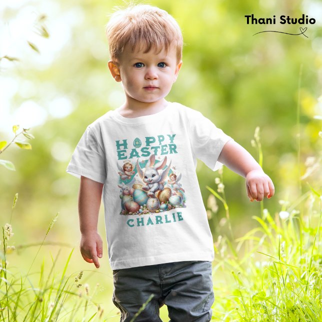Glad påsk Cute Bunny & Eggs Anpassade Namn T Shirt (Skapare uppladdad)