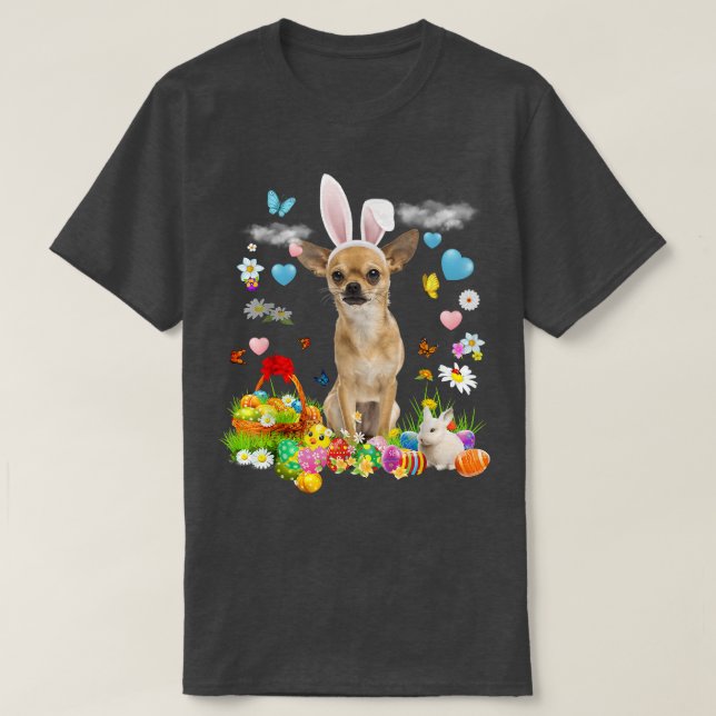 Glad påsk Cute Bunny Hund Chihuahua Eggs Basket  T Shirt (Design framsida)