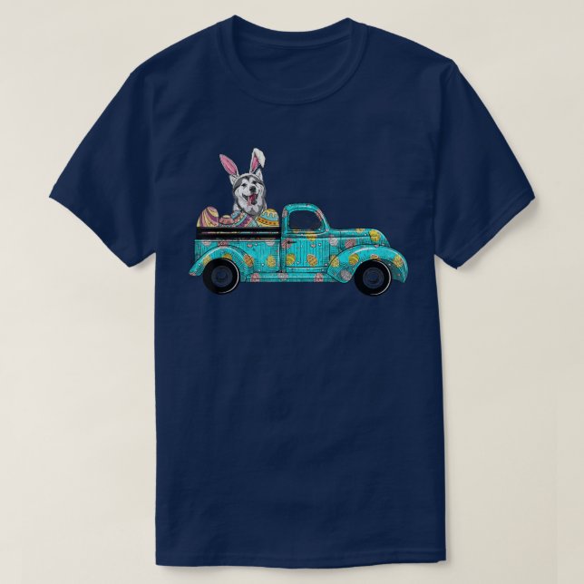 Glad påsk Cute Bunny Hund Husky Eggs Gamla Lastbil T Shirt (Design framsida)