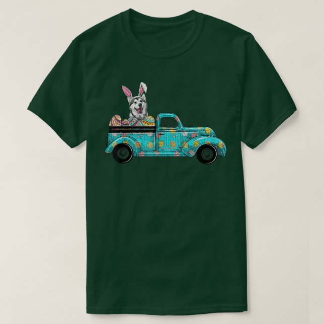 Glad påsk Cute Bunny Hund Husky Eggs Gamla Lastbil T Shirt (Design framsida)
