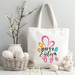 Glad påsk Cute Bunny Long Öron Hunt Eggs Blommigt Tygkasse