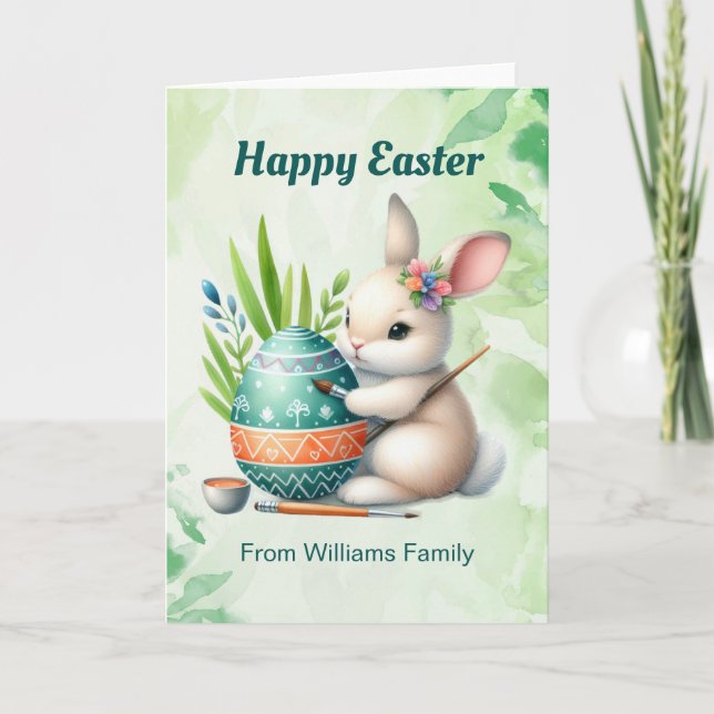 Glad påsk, Cute Bunny målar ett Påskägg Helgkort (Framsida)
