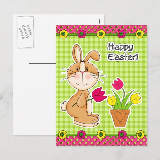 Glad påsk. Cute Bunny med Tulips Helg Vykort (Fram/baksida)