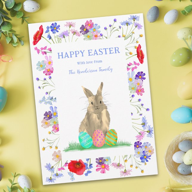 Glad påsk Cute Bunny och Eggs Boho Blommigt Helg Vykort (Personalized happy Easter cute bunny watercolor wildflower boho floral holiday greeting postcard)
