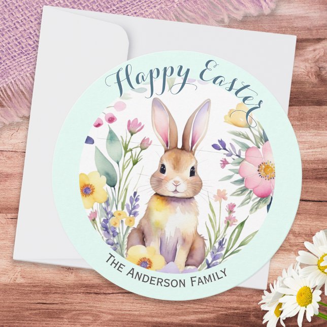 Glad påsk Cute Bunny och Flowers Personlig Julkort (A cute, personalized Easter card, with watercolor-style rabbit and Spring flowers)