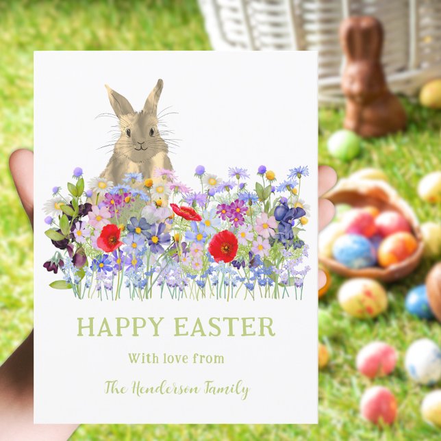 Glad påsk Cute Bunny och Wildblommor Anpassningsba Helg Vykort (Happy Easter bunny and watercolor wildflowers custom holiday postcard )