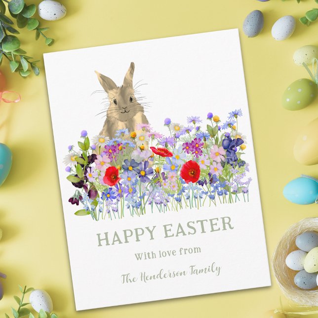 Glad påsk Cute Bunny och Wildblommor Helg Vykort (Personalized Happy Easter cute bunny watercolor wildflower floral garden greeting postcard)