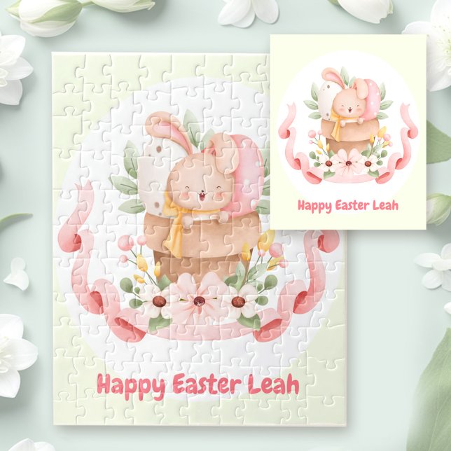 Glad påsk Cute Bunny Personlig Namn Girl Pussel (Happy Easter Cute Bunny Personalized Name Girl Jigsaw Puzzle)