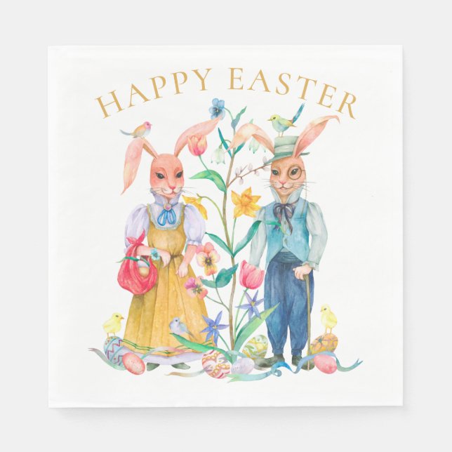 Glad påsk Cute Bunny Rabbits Vår blommor Pappersservett (Framsidan)
