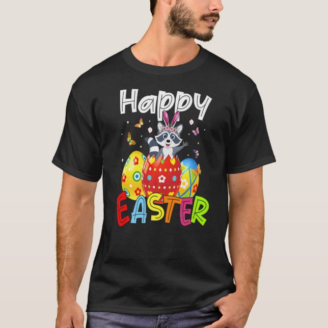 Glad påsk Cute Bunny Rabiit Raccoon Eggs Hunt T Shirt (Framsida)